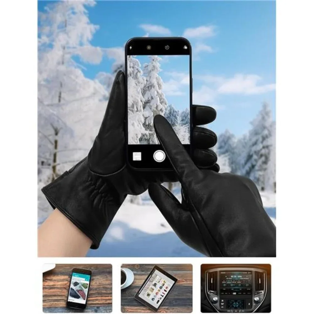 Women's Leather Gloves Winter Warm Cashmere Lining Glove Touch Screen